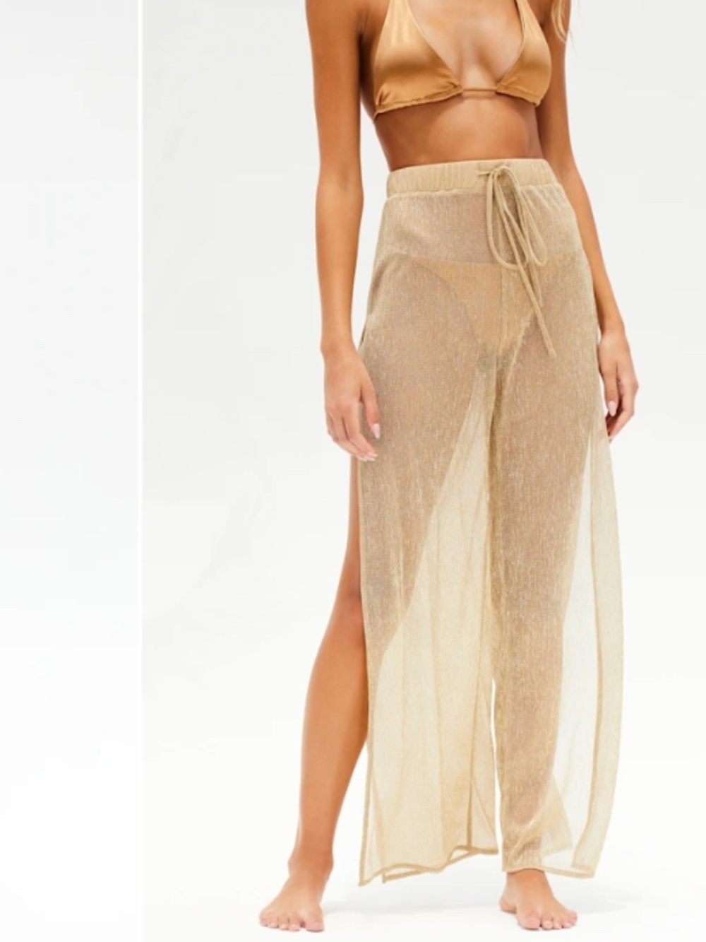 LULU's Sexy Beach Chic Sheer Gold Resort Vacation Cover-up Wide Leg Pant - Picture 6 of 6